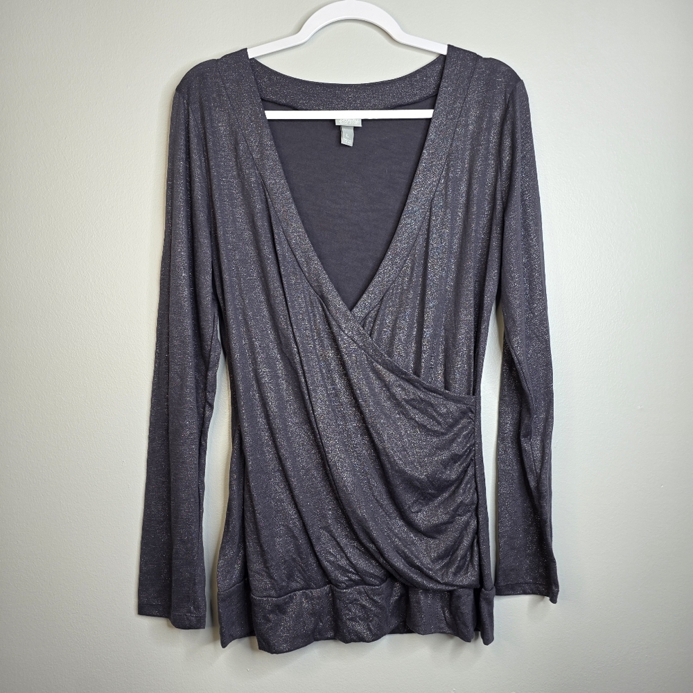 Y2k vanity dark purple shimmer wrap top sz L